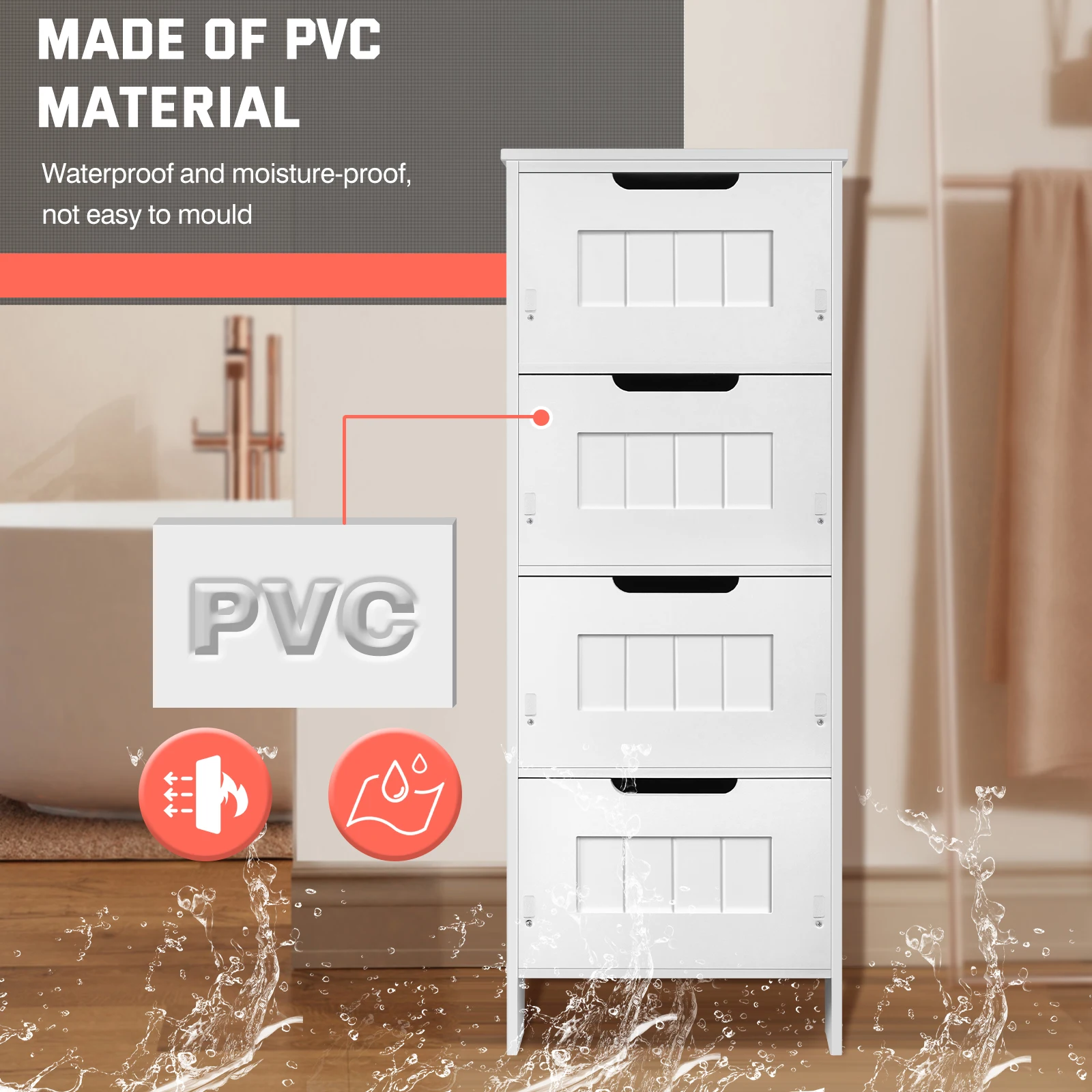 BRIEFNESS PVC Bathroom Cabinet Bathroom Storage Cabinet Freestanding Chest of Drawers with 4 Drawers Floor Vertical Cabinet