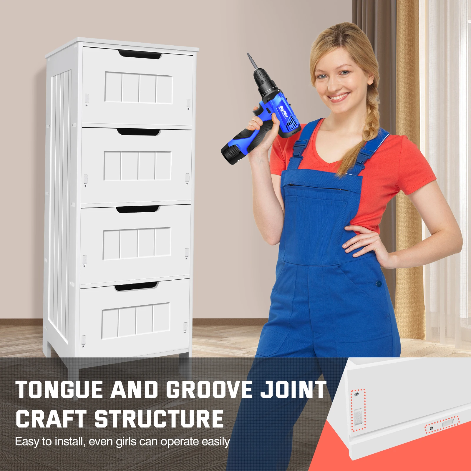 BRIEFNESS PVC Bathroom Cabinet Bathroom Storage Cabinet Freestanding Chest of Drawers with 4 Drawers Floor Vertical Cabinet