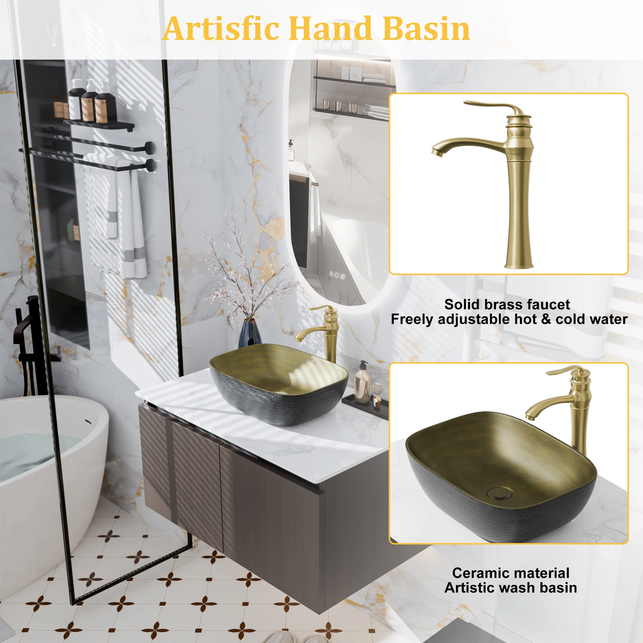 80/100/120CM Bathroom Vanities Sink Set Wall Mounted Floating Cabinet w/ Ceramic Basin Sintered Stone Top, Faucet and Hoses
