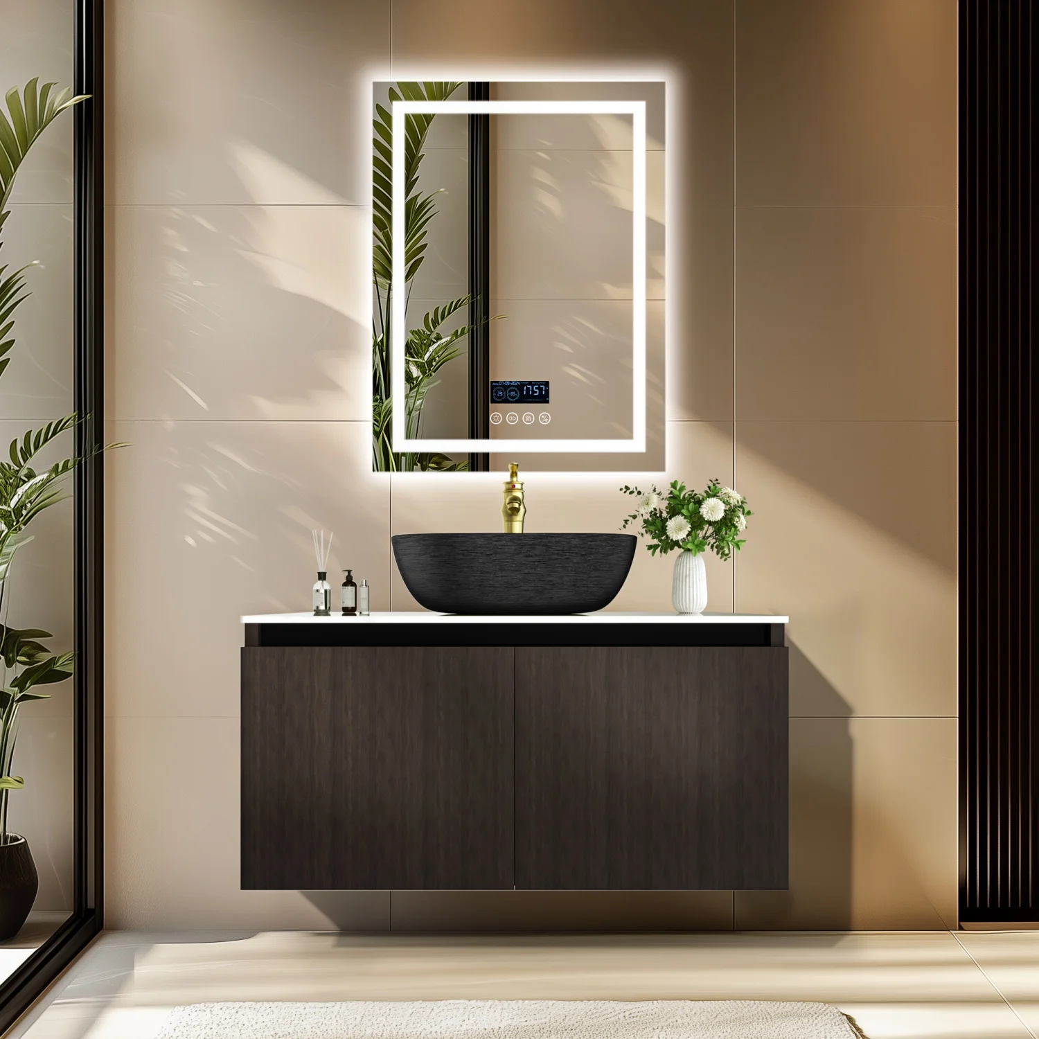 80/100/120CM Bathroom Vanities Sink Set Wall Mounted Floating Cabinet w/ Ceramic Basin Sintered Stone Top, Faucet and Hoses