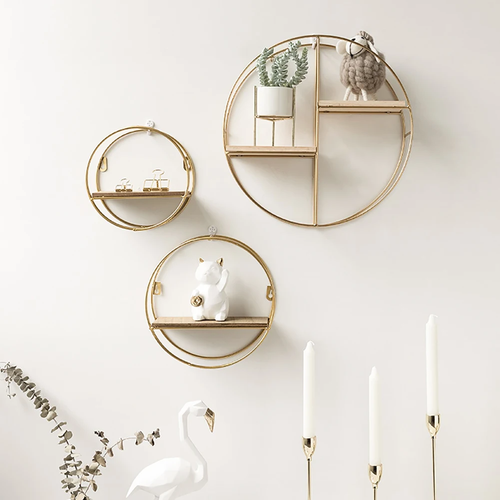 【Breeins】Gold Metal Round Wall Shelf Display Storage Rack For Home Office Decoration Organizer