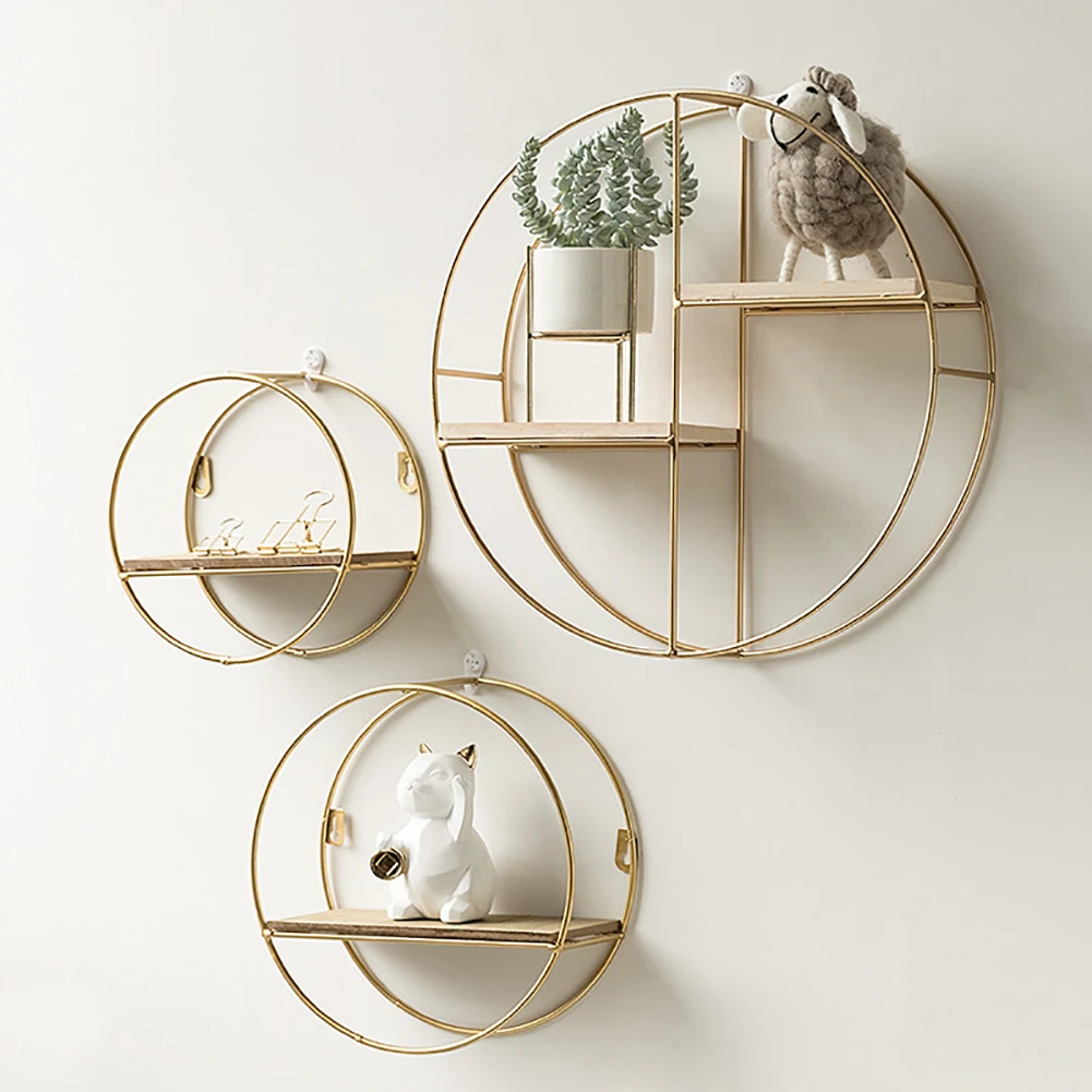 【Breeins】Gold Metal Round Wall Shelf Display Storage Rack For Home Office Decoration Organizer