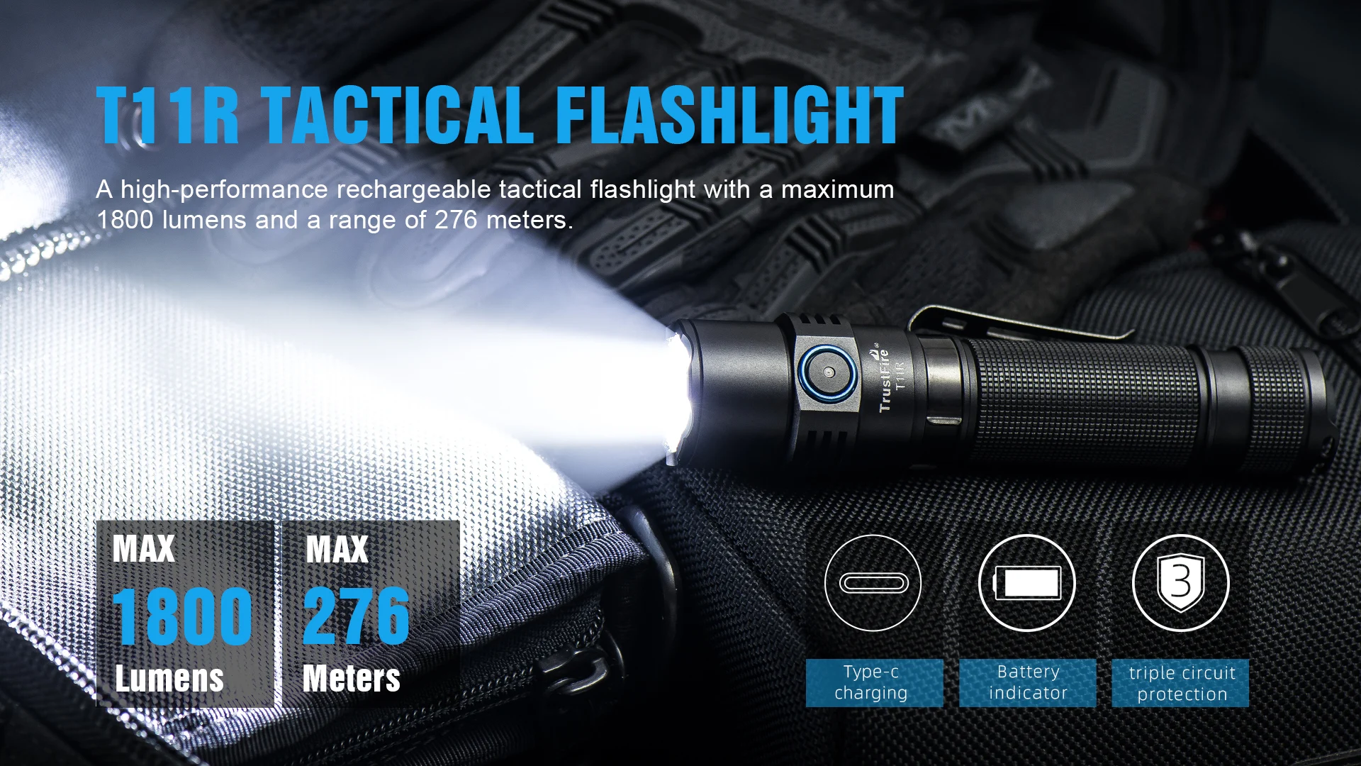 Trustfire T11R Tactical Led Flashlights 18650 High Power Lamp 1800 Lumen Powerful Type C USB Rechargeable Torch Lamp Dual Switch