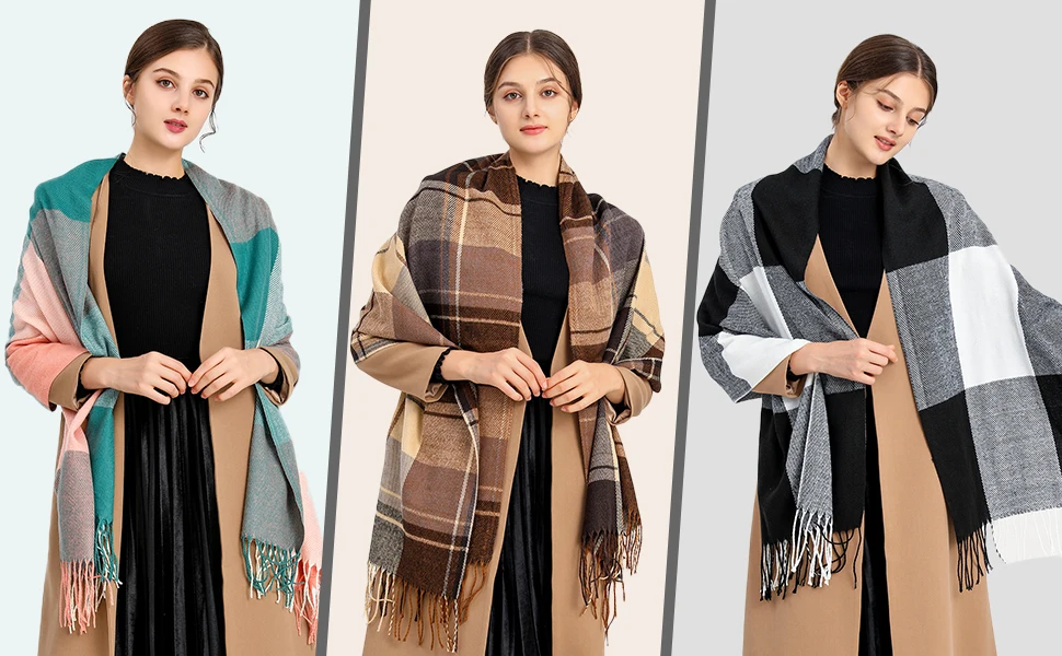 Miss Lulu Women Scarves Winter Long Soft Warm Tartan Check Wraps Wool Spinning Tassel Shawl Stole Scarf Ladies