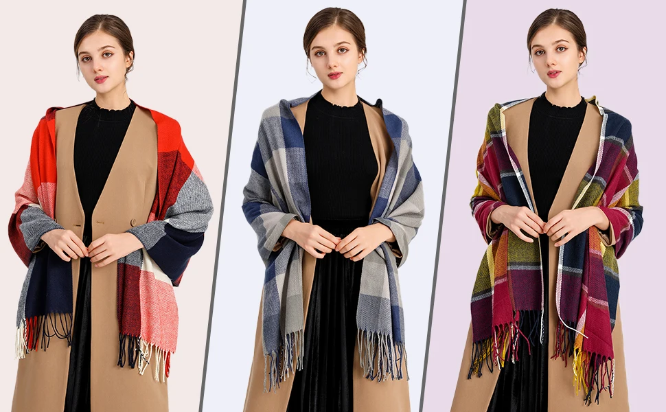 Miss Lulu Women Scarves Winter Long Soft Warm Tartan Check Wraps Wool Spinning Tassel Shawl Stole Scarf Ladies