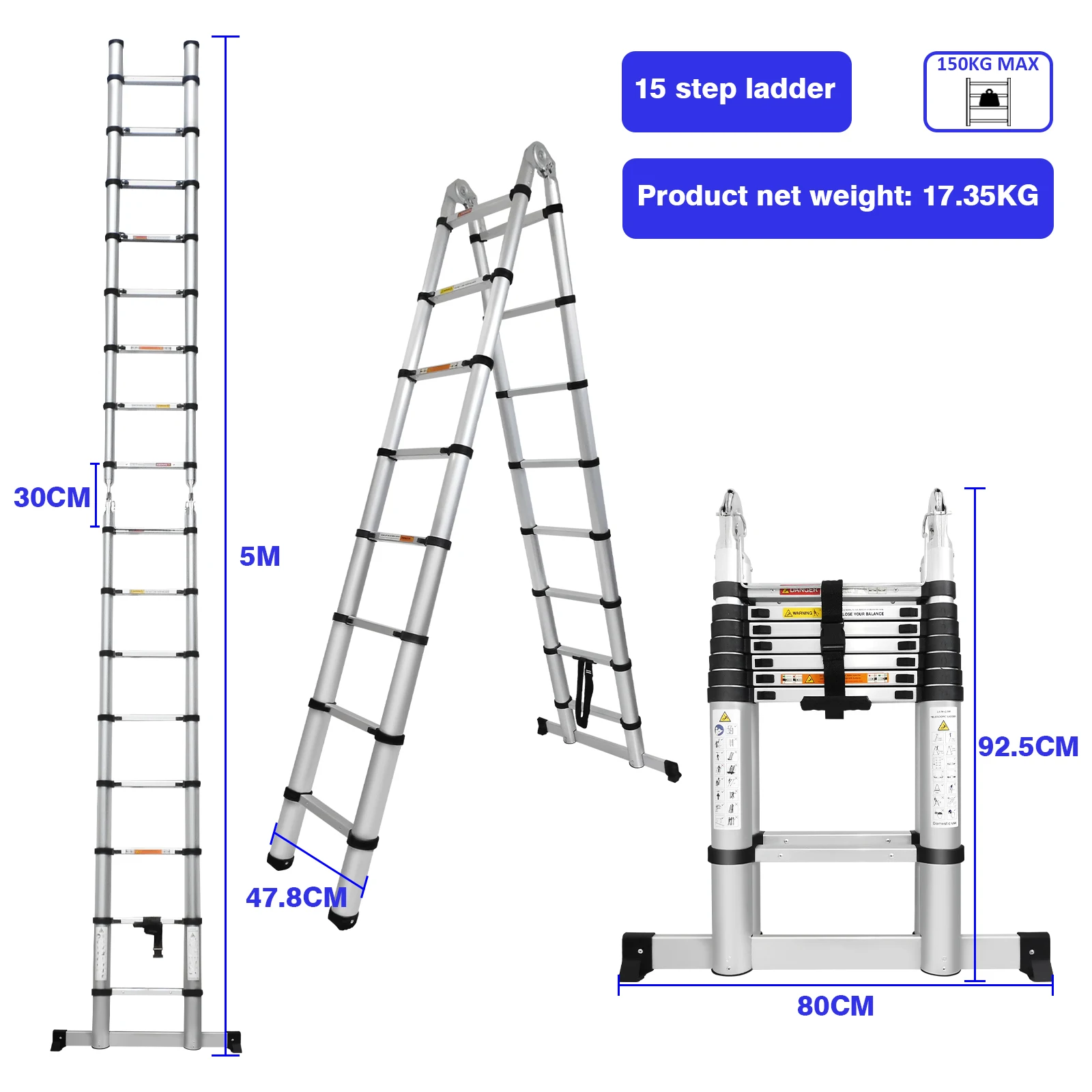 A-Ladder, Straight Telescopic Ladder with Non-Slip Feet, Load Capacity of 330lbs, Foldable, For Home or RV Outdoor Work