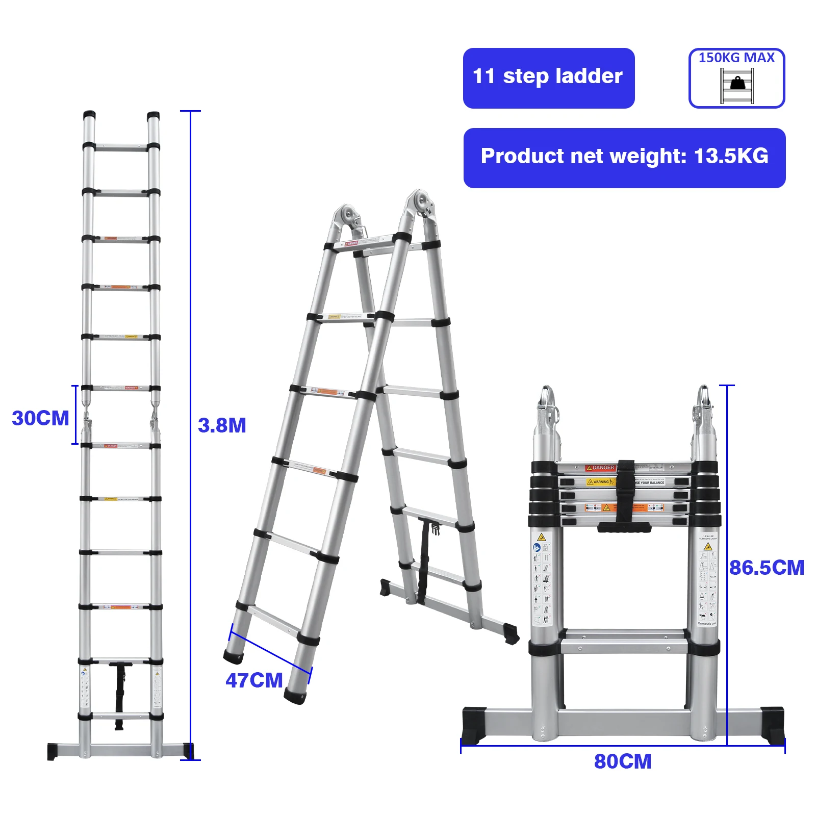 A-Ladder, Straight Telescopic Ladder with Non-Slip Feet, Load Capacity of 330lbs, Foldable, For Home or RV Outdoor Work