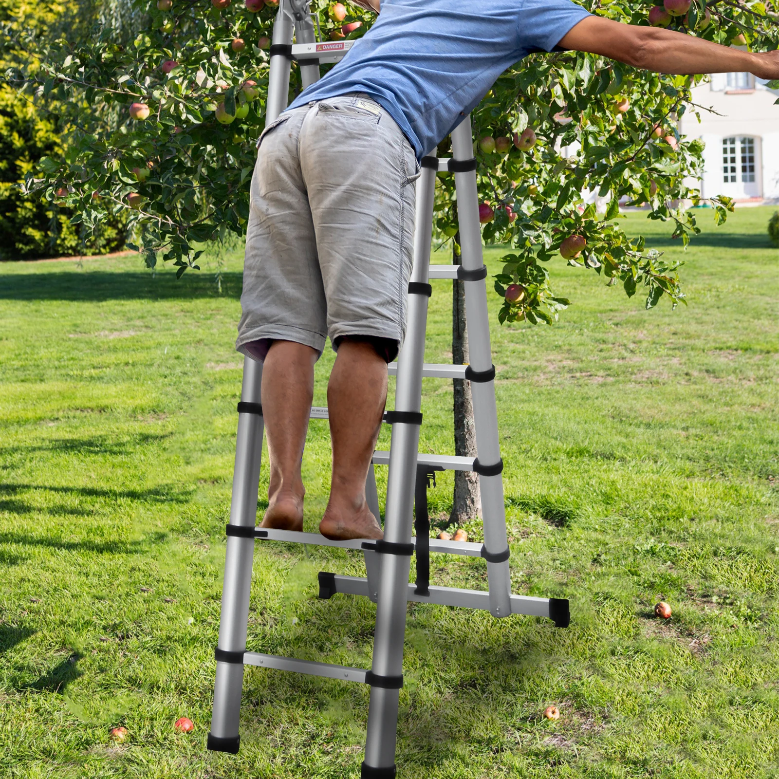 A-Ladder, Straight Telescopic Ladder with Non-Slip Feet, Load Capacity of 330lbs, Foldable, For Home or RV Outdoor Work