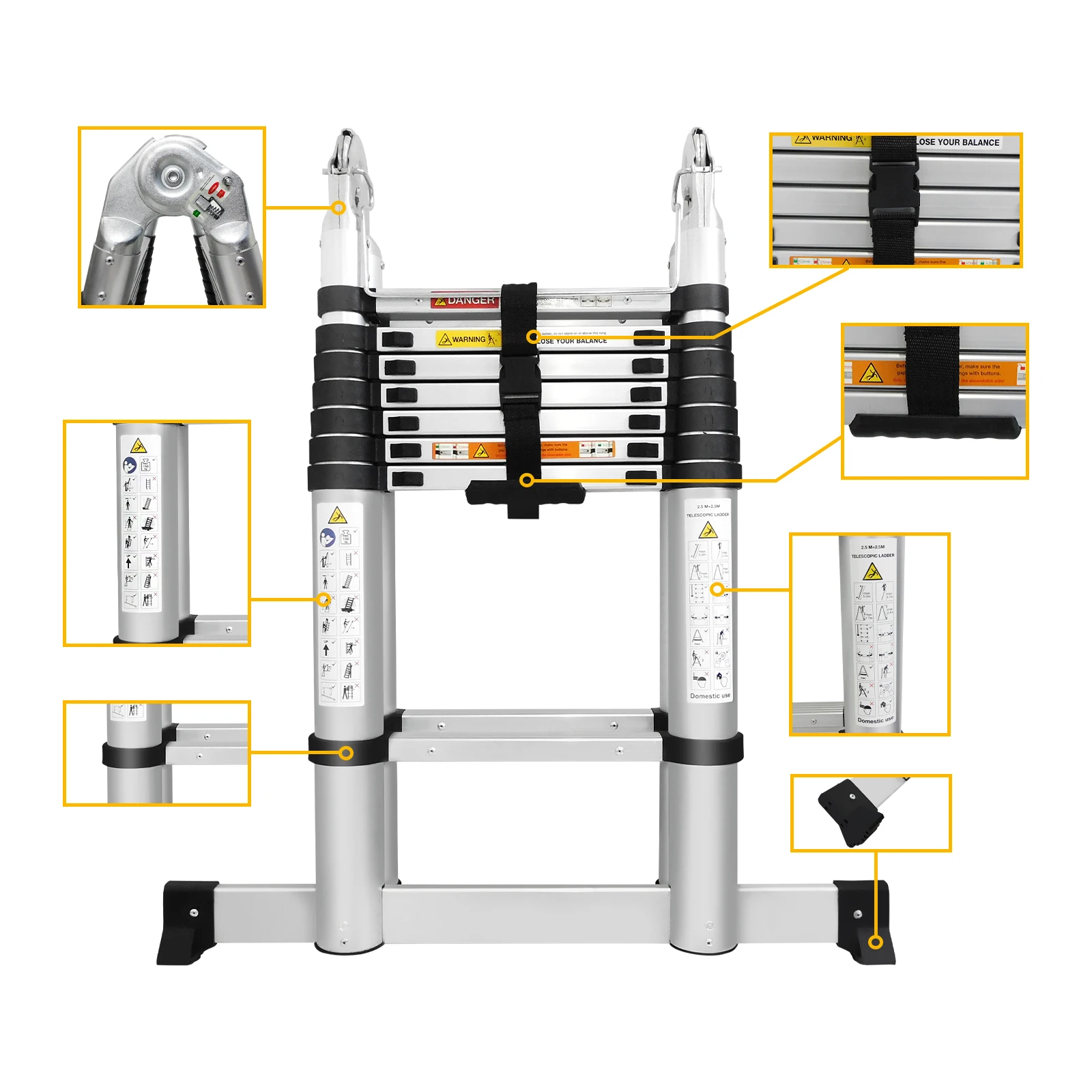 A-Ladder, Straight Telescopic Ladder with Non-Slip Feet, Load Capacity of 330lbs, Foldable, For Home or RV Outdoor Work
