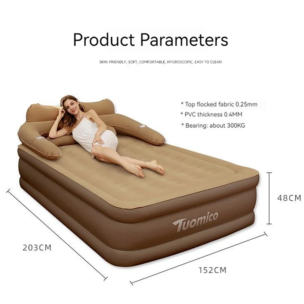 Camping Air Bed with Backrest 2 Persons Inflatable Mattress Camping Folding Home Indoor Outdoor Air Cushion 48cm High Bed