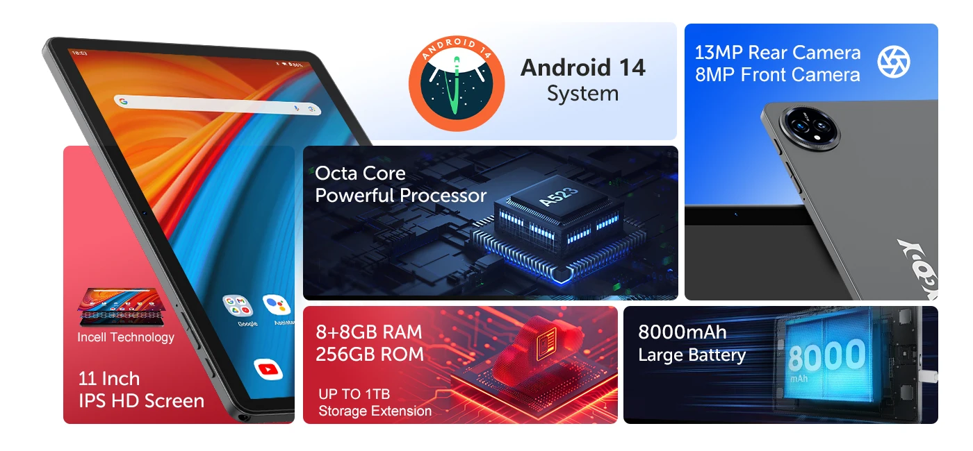 XGODY Q17 11 Inch Smart Tablet Android 14 12GB RAM+128GB ROM(1TB TF) 8000mAh LCD IPS