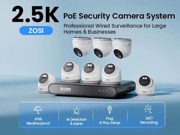 ZOSI 8CH 4MP HD 2.5K PoE Home Security Camera System 8CH 5MP 3K NVR 4MP(1440p) Dome IP Surveillance Cameras Kit Outdoor Indoor