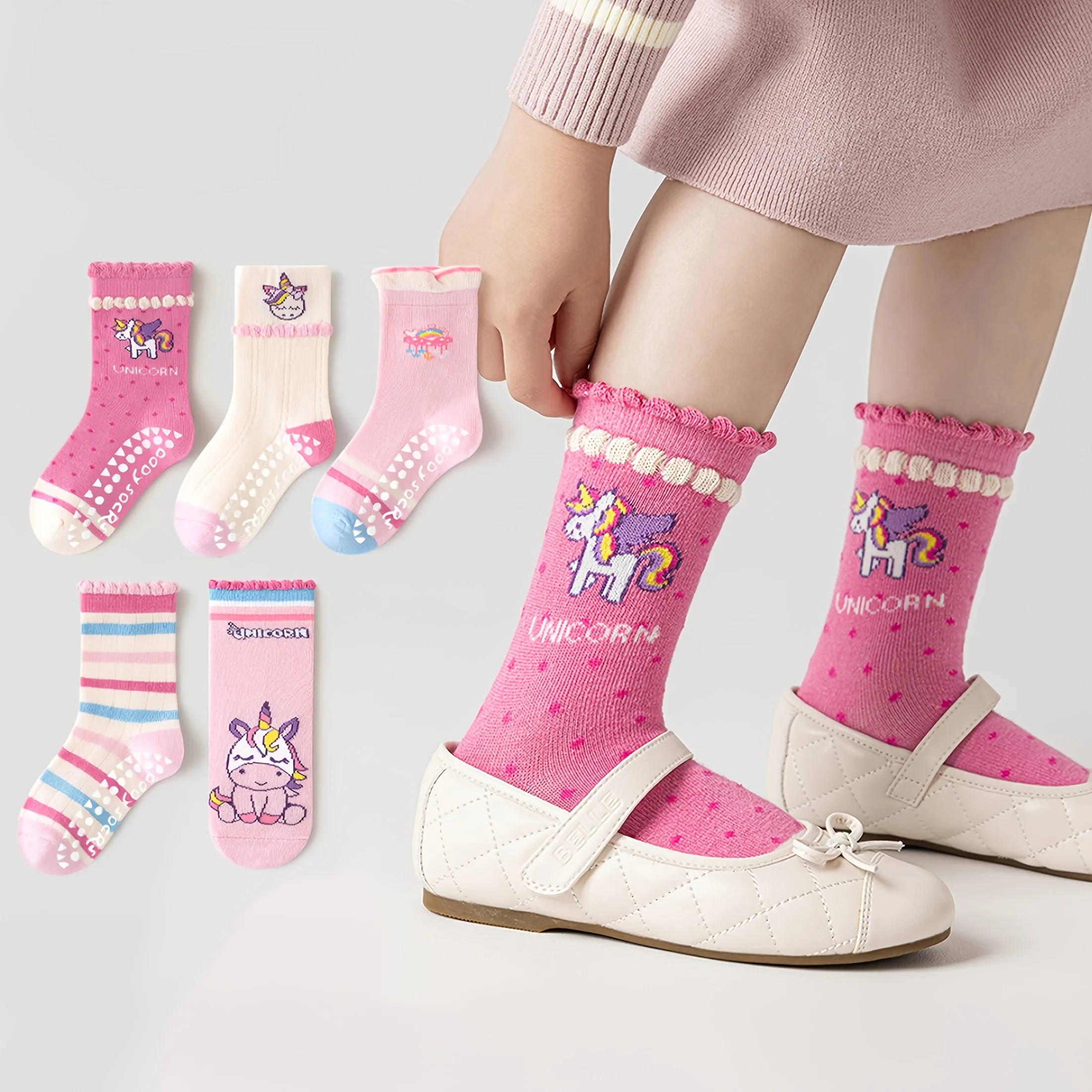 5-Pack Children's Dotted Floor Socks with Rainbow Unicorn Pattern and Lace Trim, Suitable for Boys and Girls, Baby Toddlers, Soft-Soled Indoor Non-Slip Polka Dot Lace Mid-Tube Socks, Ideal for Casual Daily Life