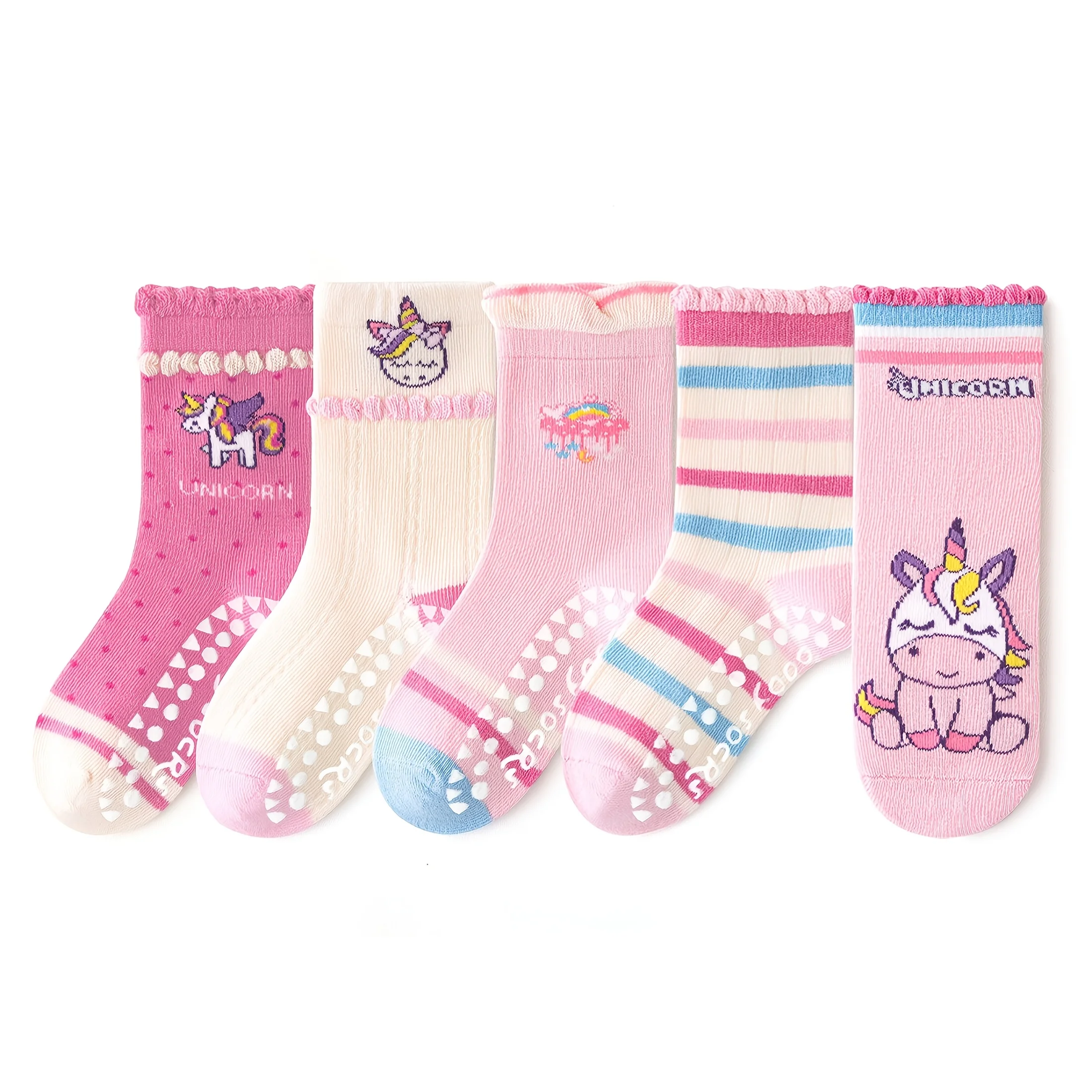 5-Pack Children's Dotted Floor Socks with Rainbow Unicorn Pattern and Lace Trim, Suitable for Boys and Girls, Baby Toddlers, Soft-Soled Indoor Non-Slip Polka Dot Lace Mid-Tube Socks, Ideal for Casual Daily Life