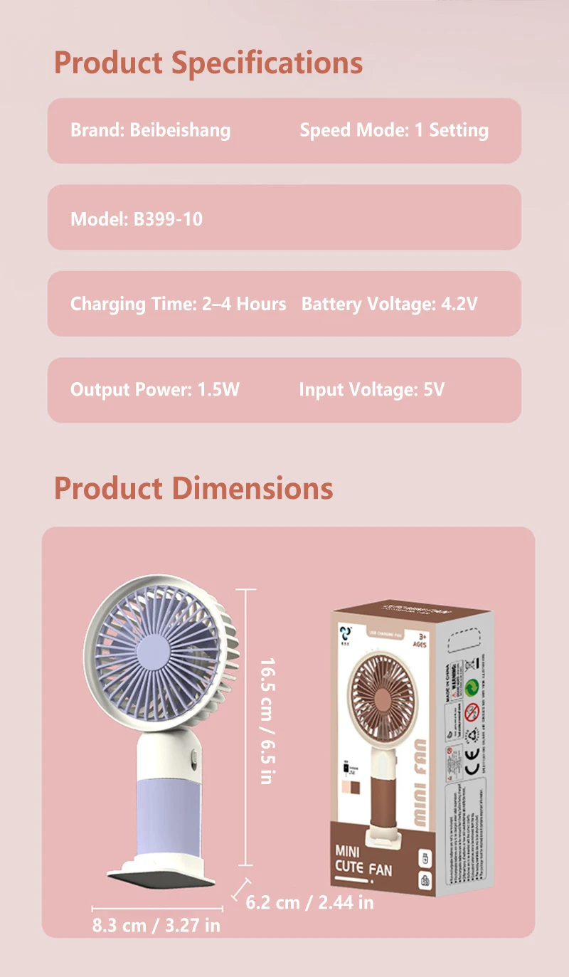 Mini Handheld Fan USB Rechargeable Portable Desktop Fan with Base Quiet Operation for Office Student Dorm Travel