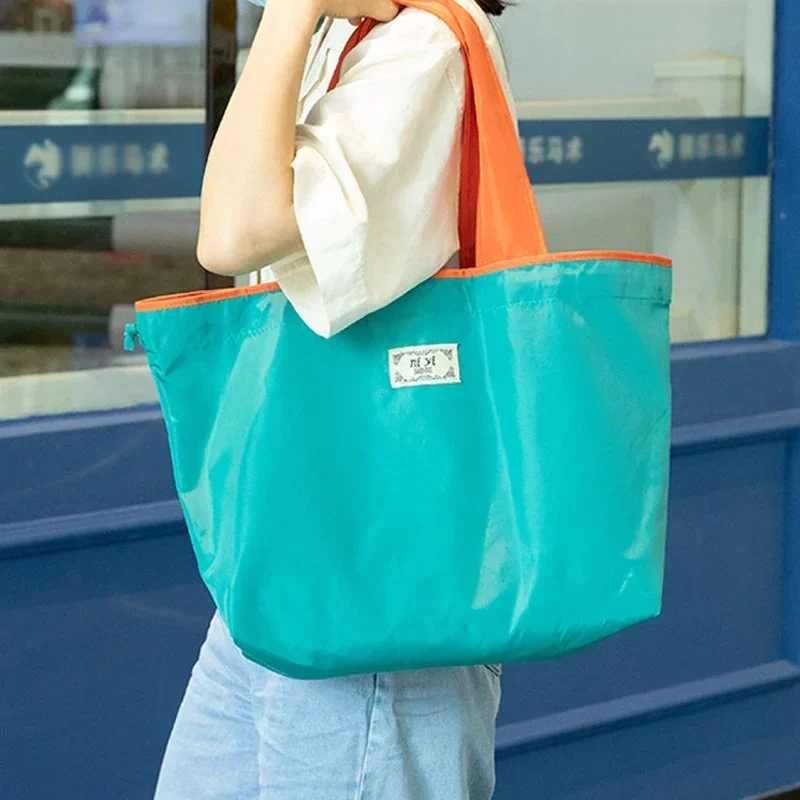 1-Pack Reusable Shopping Bag, Large Capacity Foldable Drawstring Eco-friendly Storage Bag, Casual Shopping Shoulder Bag