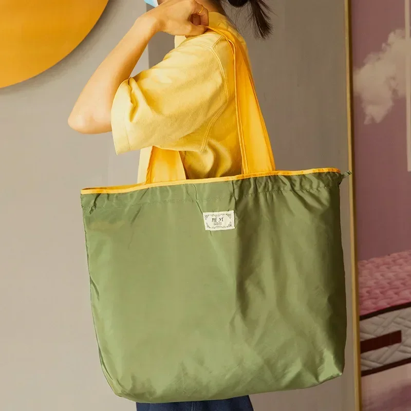 1-Pack Reusable Shopping Bag, Large Capacity Foldable Drawstring Eco-friendly Storage Bag, Casual Shopping Shoulder Bag