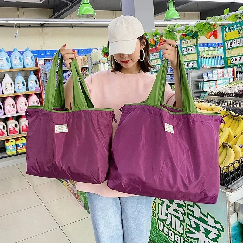 1-Pack Reusable Shopping Bag, Large Capacity Foldable Drawstring Eco-friendly Storage Bag, Casual Shopping Shoulder Bag