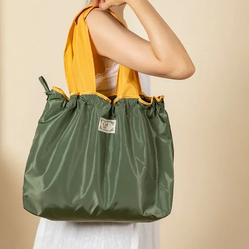 1-Pack Reusable Shopping Bag, Large Capacity Foldable Drawstring Eco-friendly Storage Bag, Casual Shopping Shoulder Bag