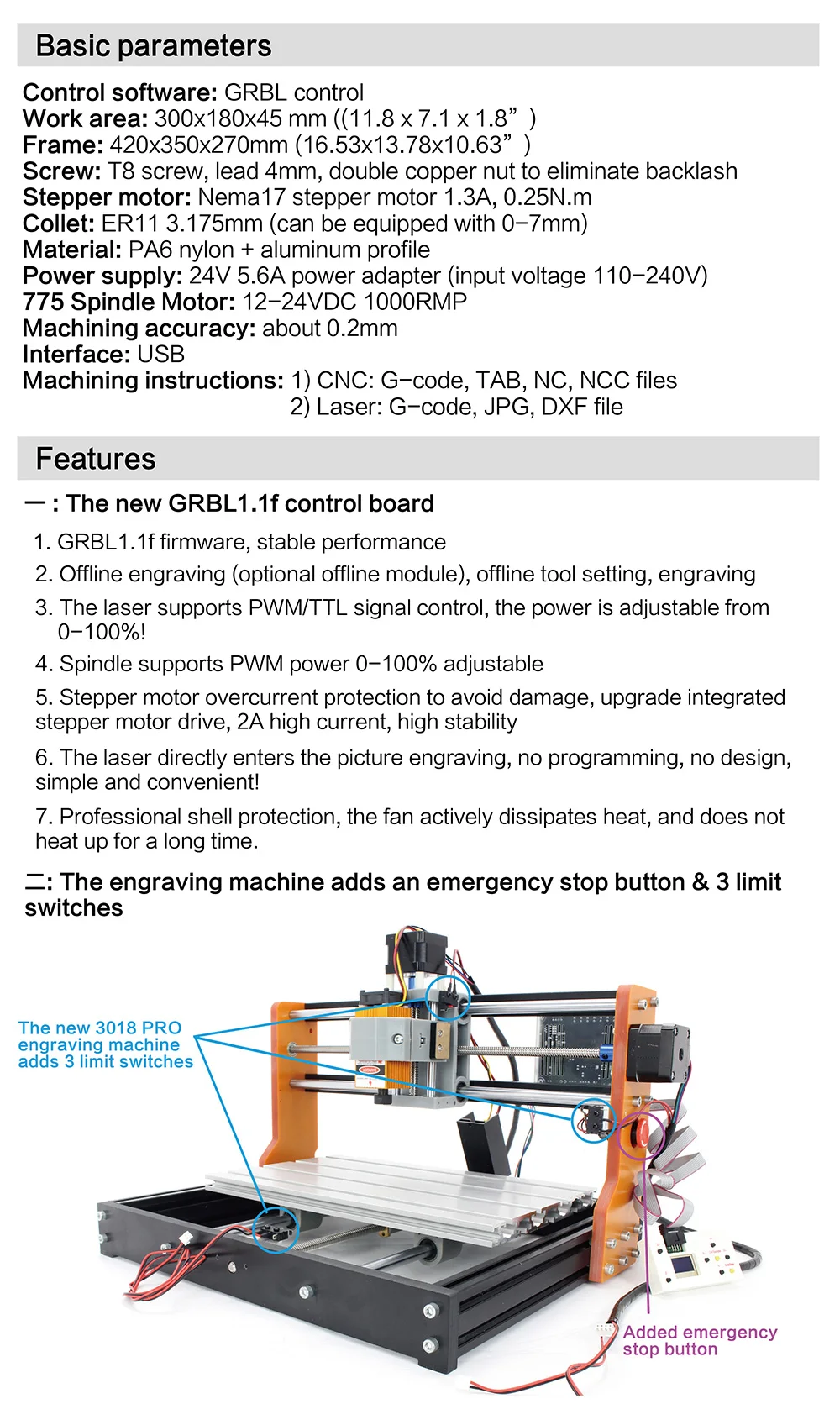【EU】RATTM 3018 Pro Orange 3-Axis CNC GRBL Control Laser Engraving Cutter with Emergency Stop Switch
