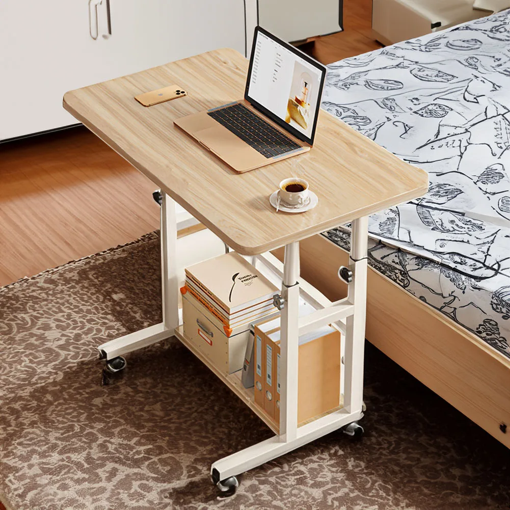 【Lifeideas】Double-Layer Office Desk Movable Bedside Computer Lazy Table with Storage Shelf Laptop White Bedroom Desk Lift Tabl