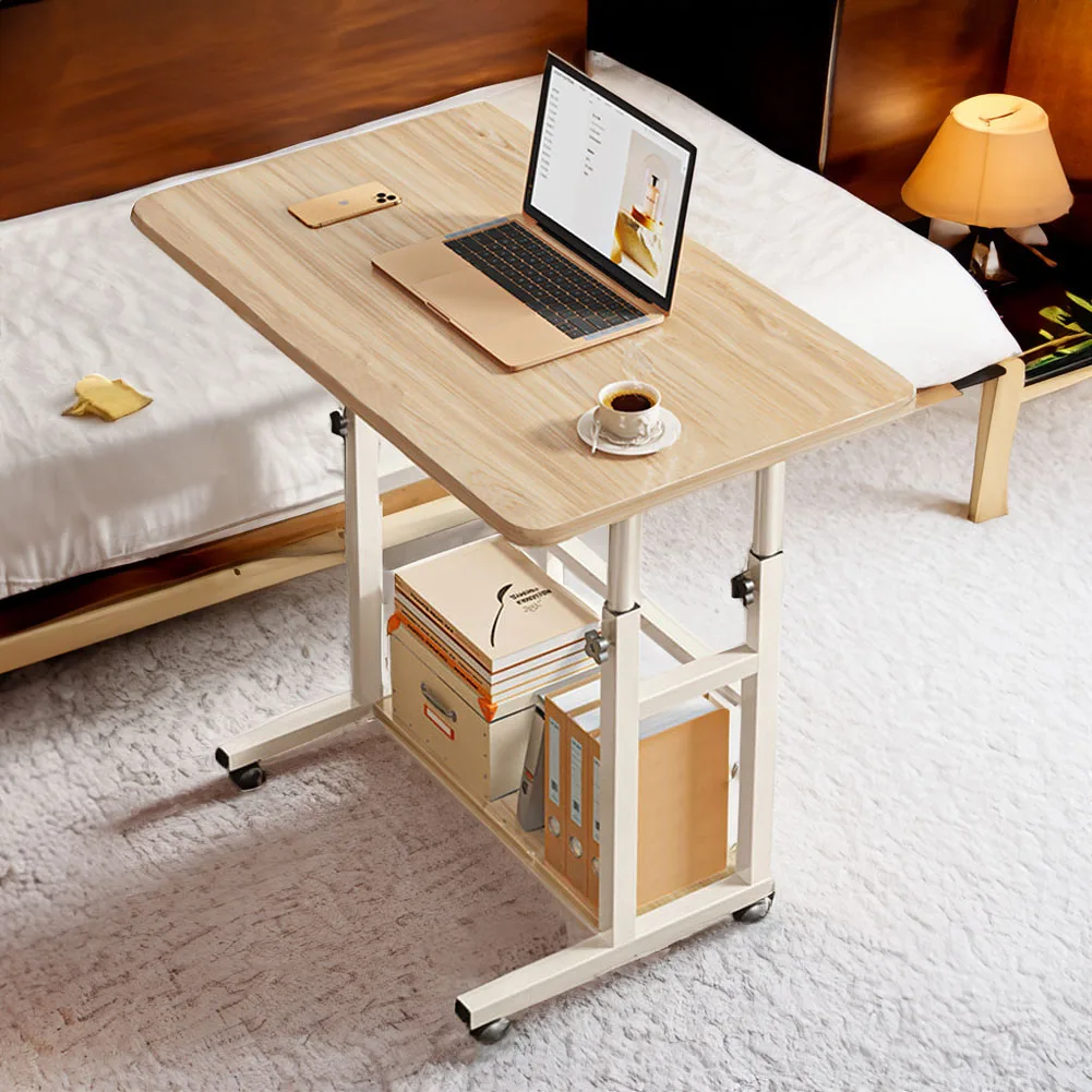 【Lifeideas】Double-Layer Office Desk Movable Bedside Computer Lazy Table with Storage Shelf Laptop White Bedroom Desk Lift Tabl