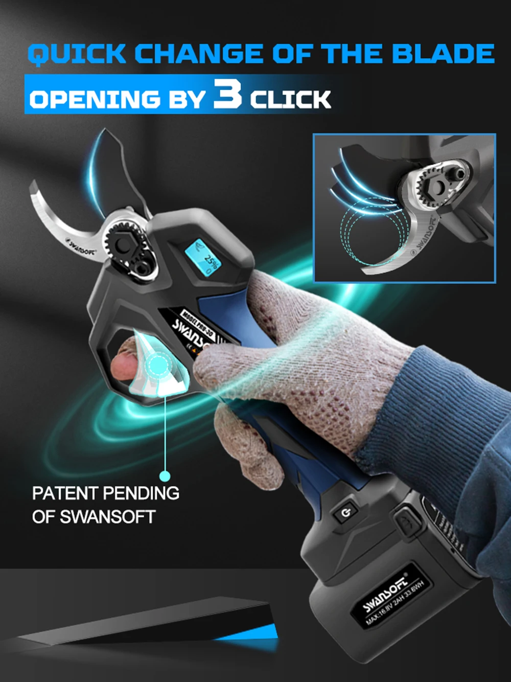 SWANSOFT 30mm Cordless Pruning Shear with LCD & Progressive Cutting, 650g light weight scissor for vineyard & garden PRU30