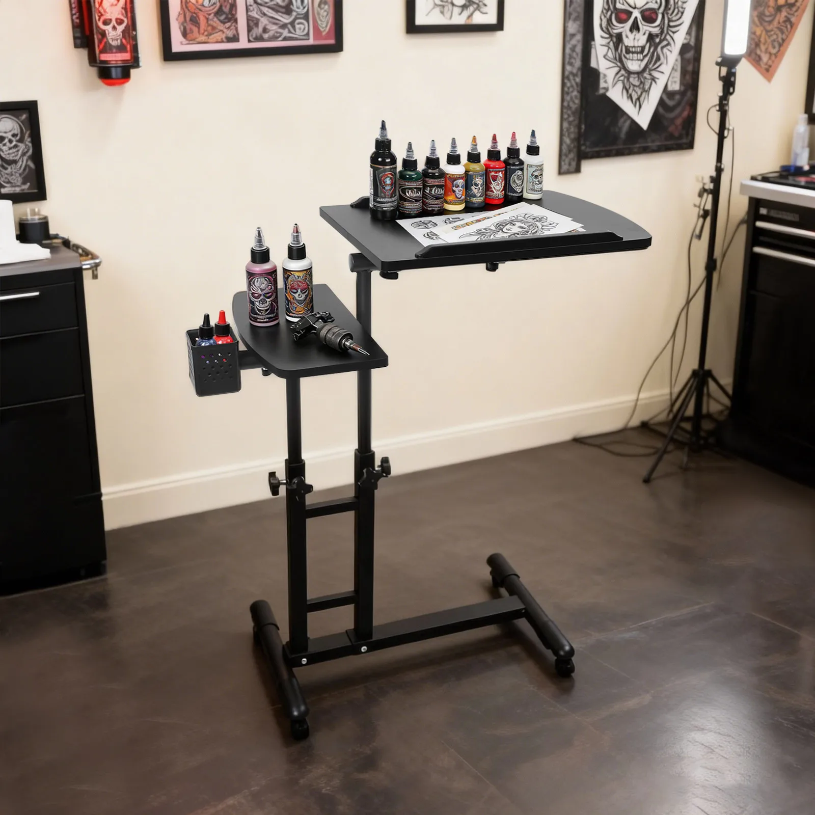Mobile Tattoo Workstation Tray Cart with 4 Wheels, Adjustable Arm Rest, Modern Style, 25.2 X 15.75 X 22.64-35.43 Inches