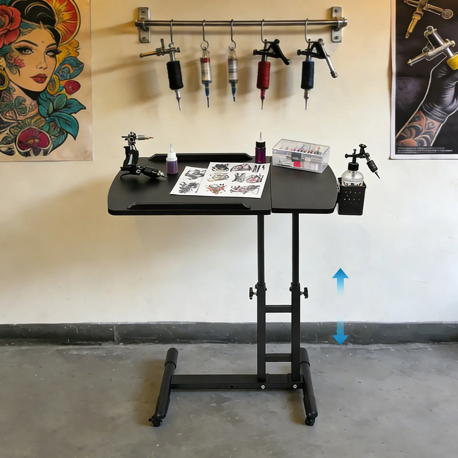 Mobile Tattoo Workstation Tray Cart with 4 Wheels, Adjustable Arm Rest, Modern Style, 25.2 X 15.75 X 22.64-35.43 Inches