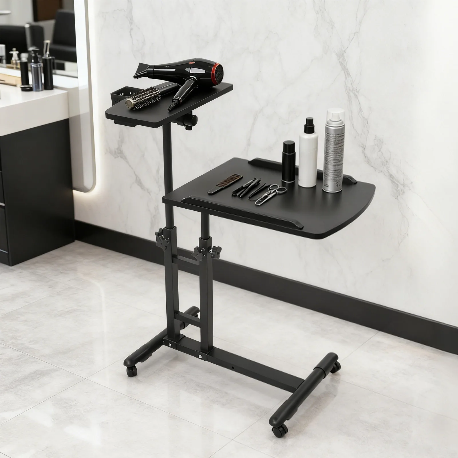 Mobile Tattoo Workstation Tray Cart with 4 Wheels, Adjustable Arm Rest, Modern Style, 25.2 X 15.75 X 22.64-35.43 Inches