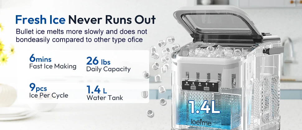Portable Ice Maker Self-Cleaning Ice Maker Machine with Handle, 12KG in 24Hrs, 2 Sizes Ice Cubes , Scoop & Basket Included, 1.4L