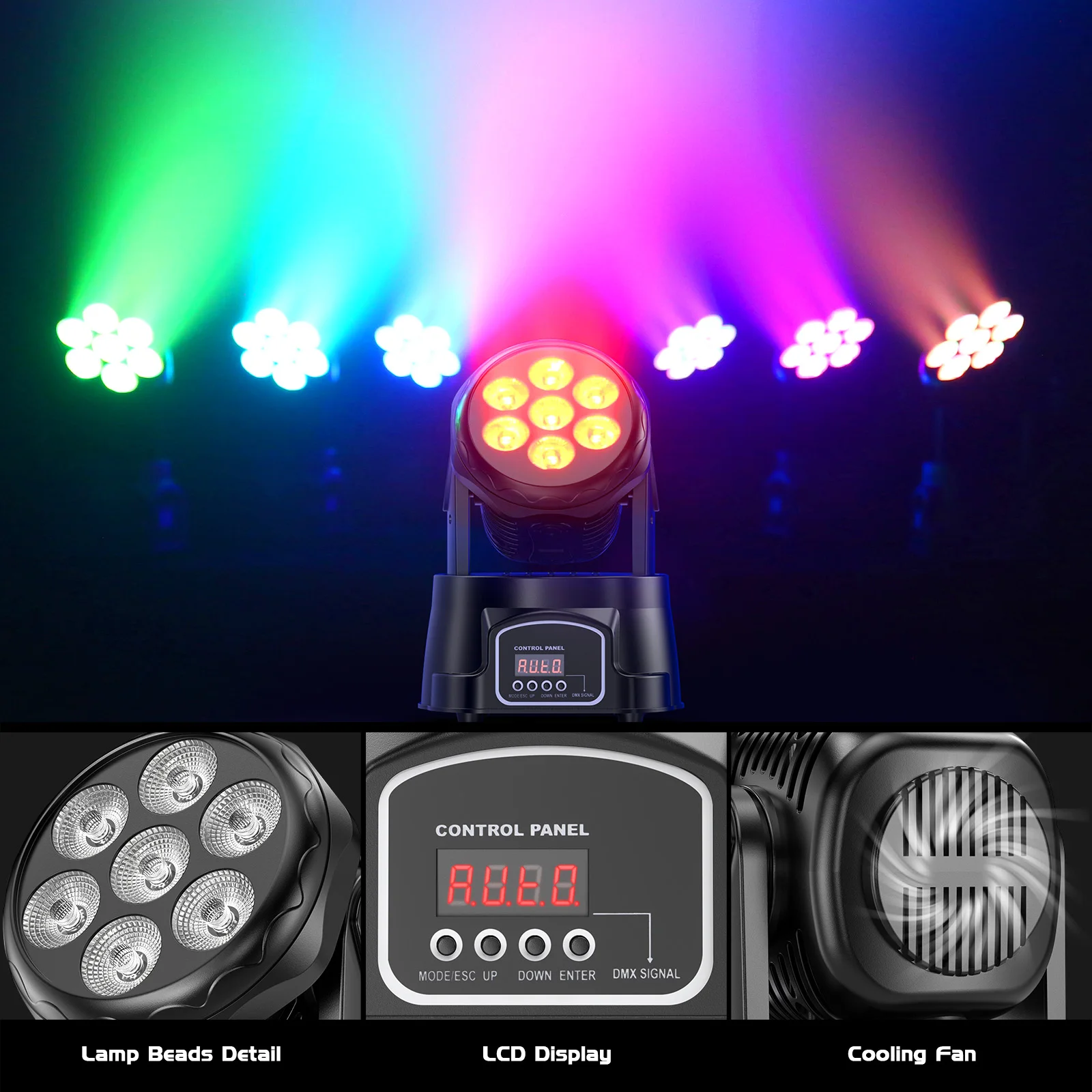 LeLeght 7x15W LED Moving Head Light 4 IN 1 RGBW DMX512 Professional Stage Effect Wash Light for Disco DJ Party Music Dance Club