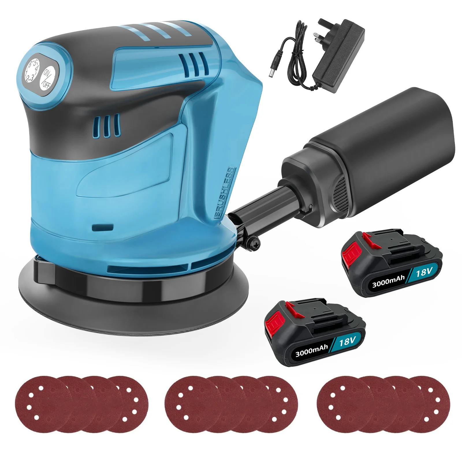 2 Battery Cordless Random Orbital Sander 125mm, Brushless Eccentric Orbital Sander 6 Speed with Dust Bag Replace for Makita 18v