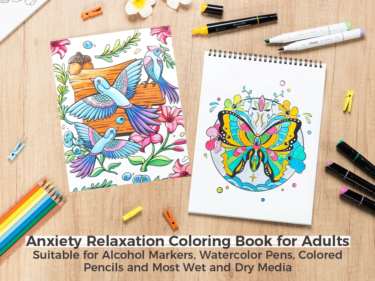 Ohuhu Anti-Stress Colouring Book Double-Sided Bleed-Resistant Paper Mindfulness Designs for Relaxation Spiral Bound Art Therapy