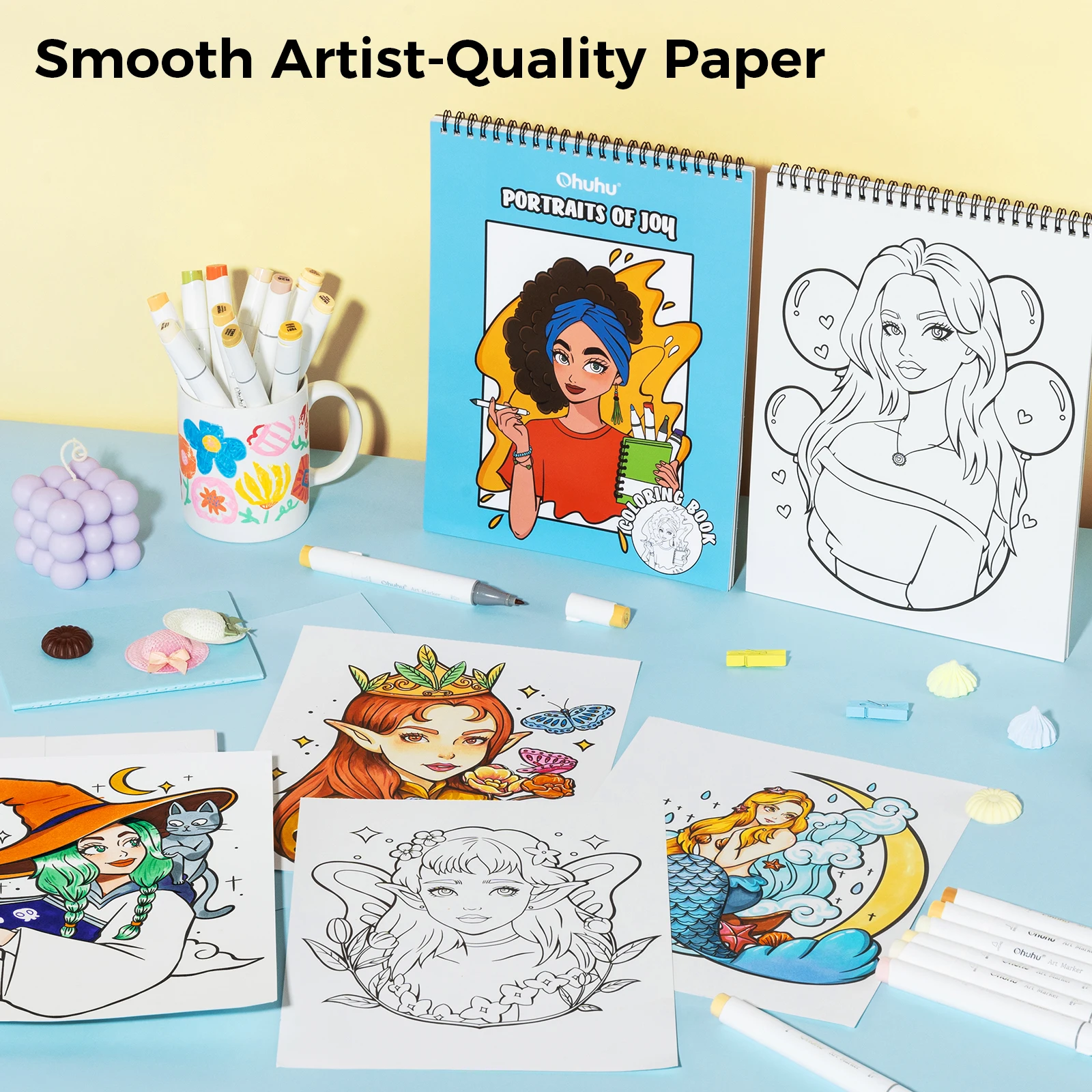 Ohuhu Anti-Stress Colouring Book Double-Sided Bleed-Resistant Paper Mindfulness Designs for Relaxation Spiral Bound Art Therapy