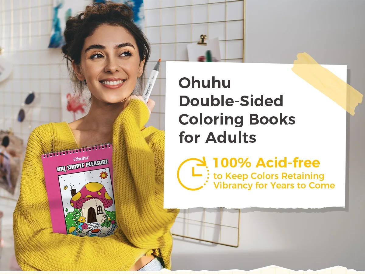 Ohuhu Anti-Stress Colouring Book Double-Sided Bleed-Resistant Paper Mindfulness Designs for Relaxation Spiral Bound Art Therapy