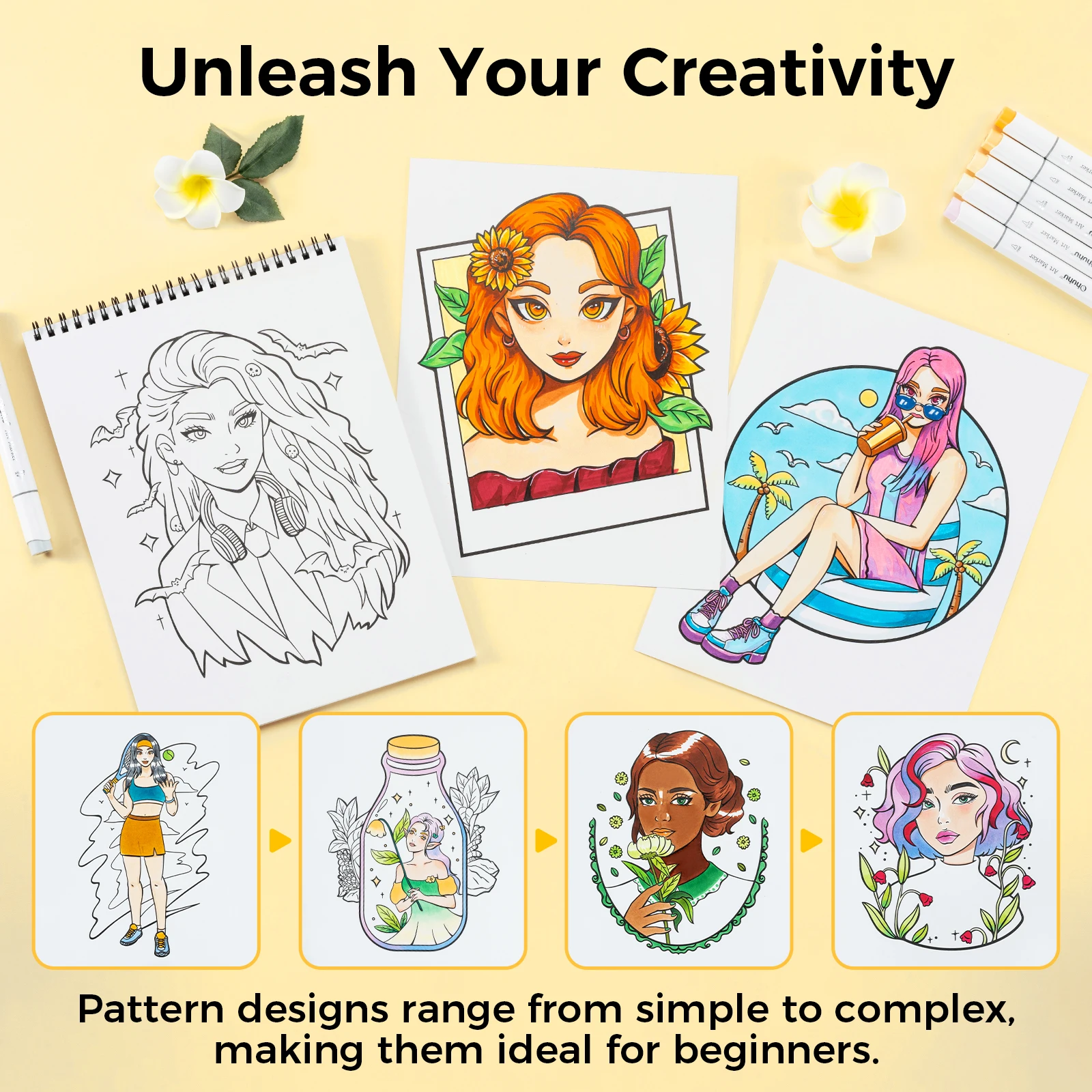 Ohuhu Anti-Stress Colouring Book Double-Sided Bleed-Resistant Paper Mindfulness Designs for Relaxation Spiral Bound Art Therapy
