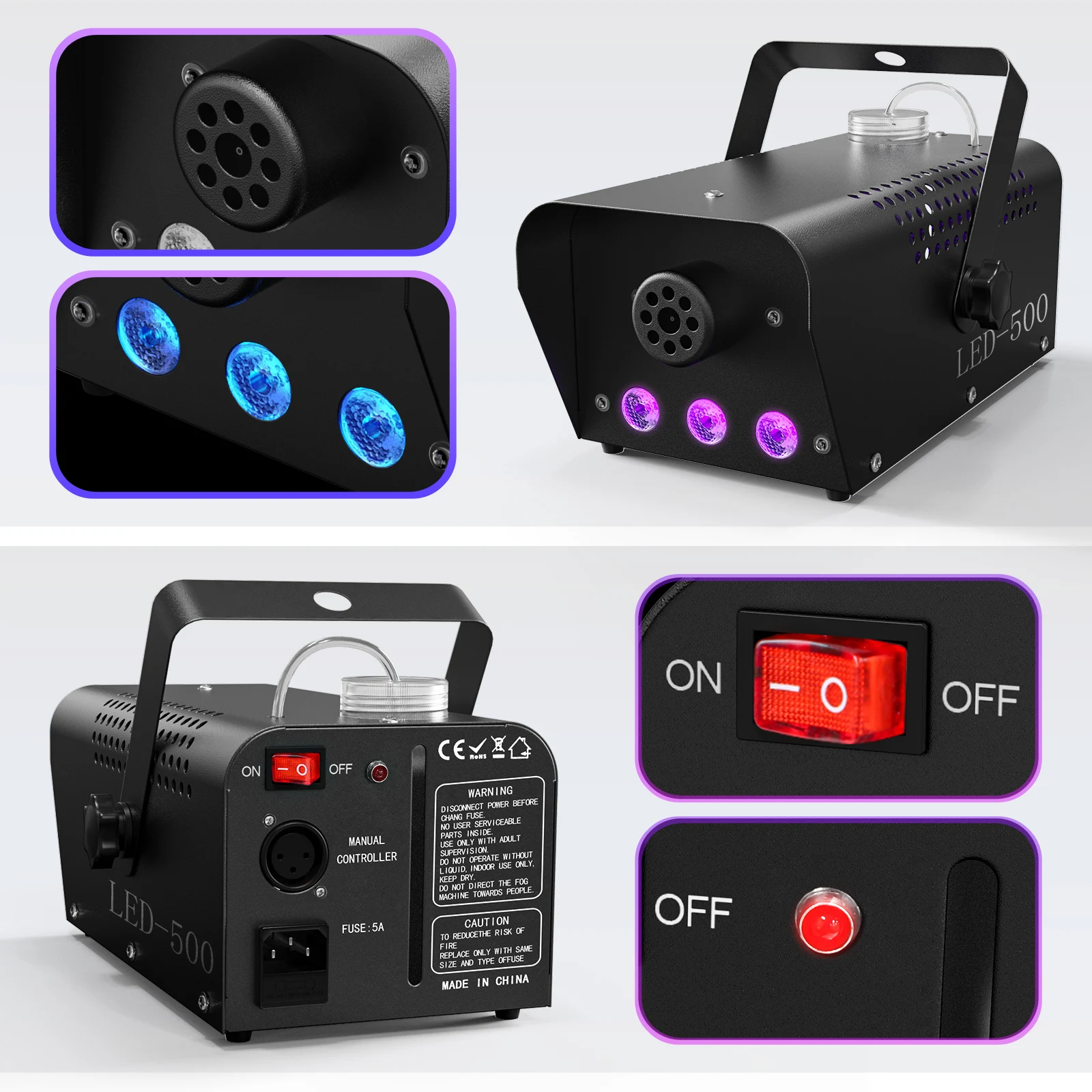 LeLeght 500W RGB LED Colorful Smoke Machine LED Remote Fogger Ejector for Disco DJ Show Wedding Stage Light Effects Fog Machine
