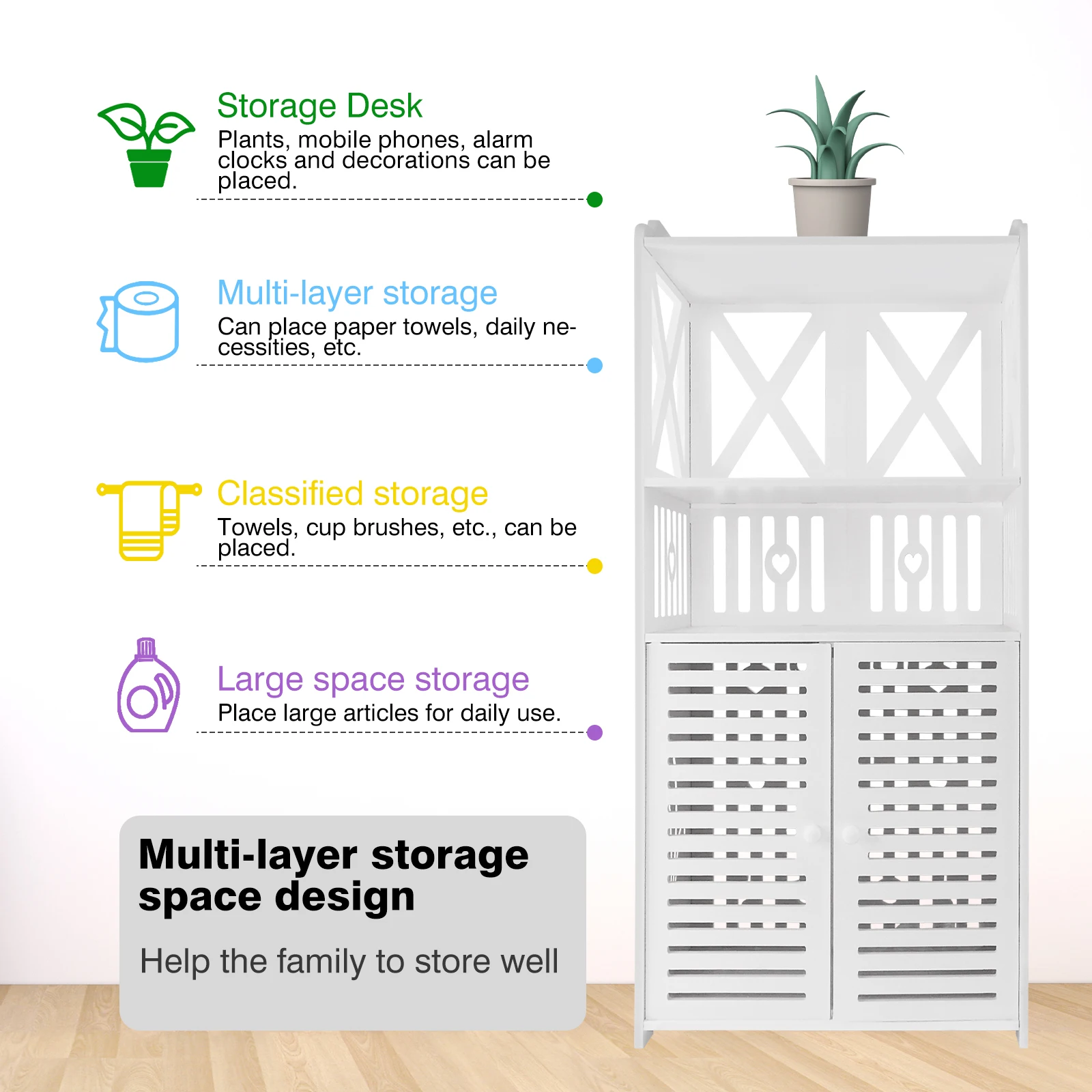 BRIEFNESS PVC Bathroom Cabinet Waterproof Floor Standing Storage Cabinet Storage Cabinet with Double Doors and 3 Shelves-White