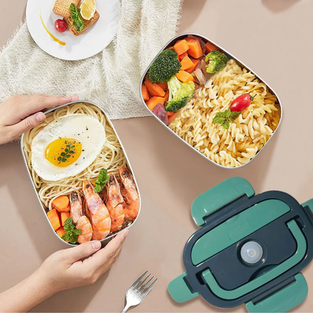Electric Lunch Box Food Heating Leak Proof with 1.5 L Capacity 304 Stainless Steel Liner Fork Spoon For Car Home