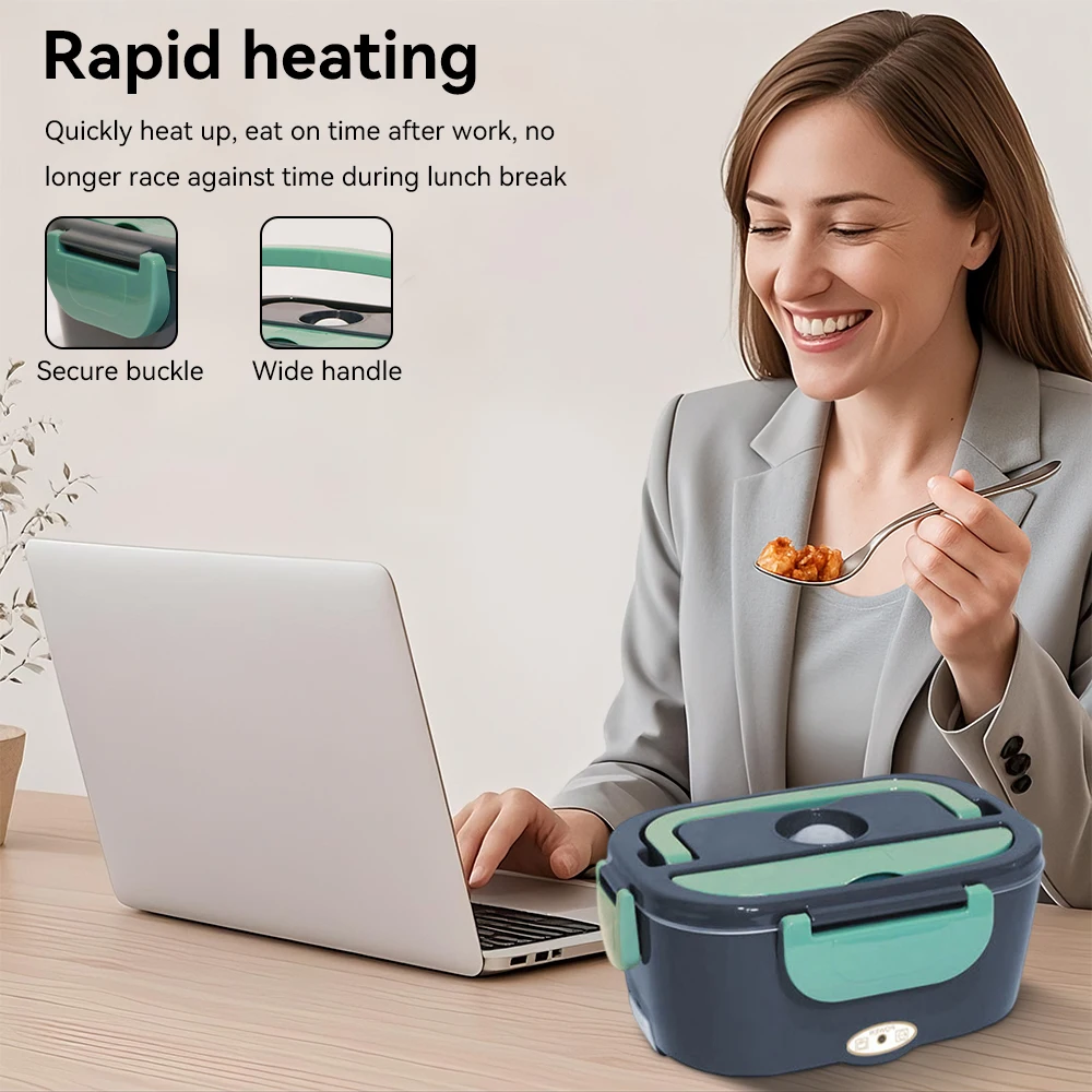 Electric Lunch Box Food Heating Leak Proof with 1.5 L Capacity 304 Stainless Steel Liner Fork Spoon For Car Home