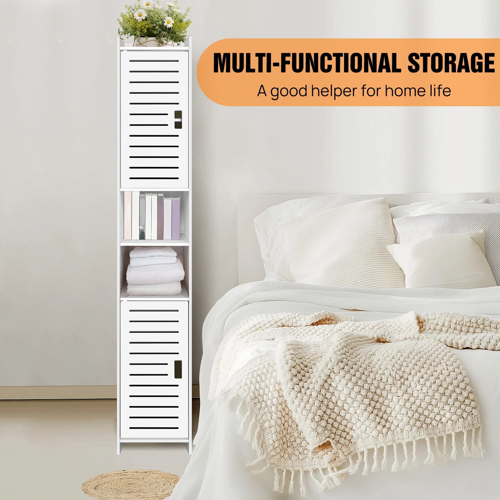 BRIEFNESS 5-Tier Tall Bathroom Cabinet Storage Cupboard PVC Floor Standing Tallboy Unit,Free Standing Slim Bathroom Storage Unit
