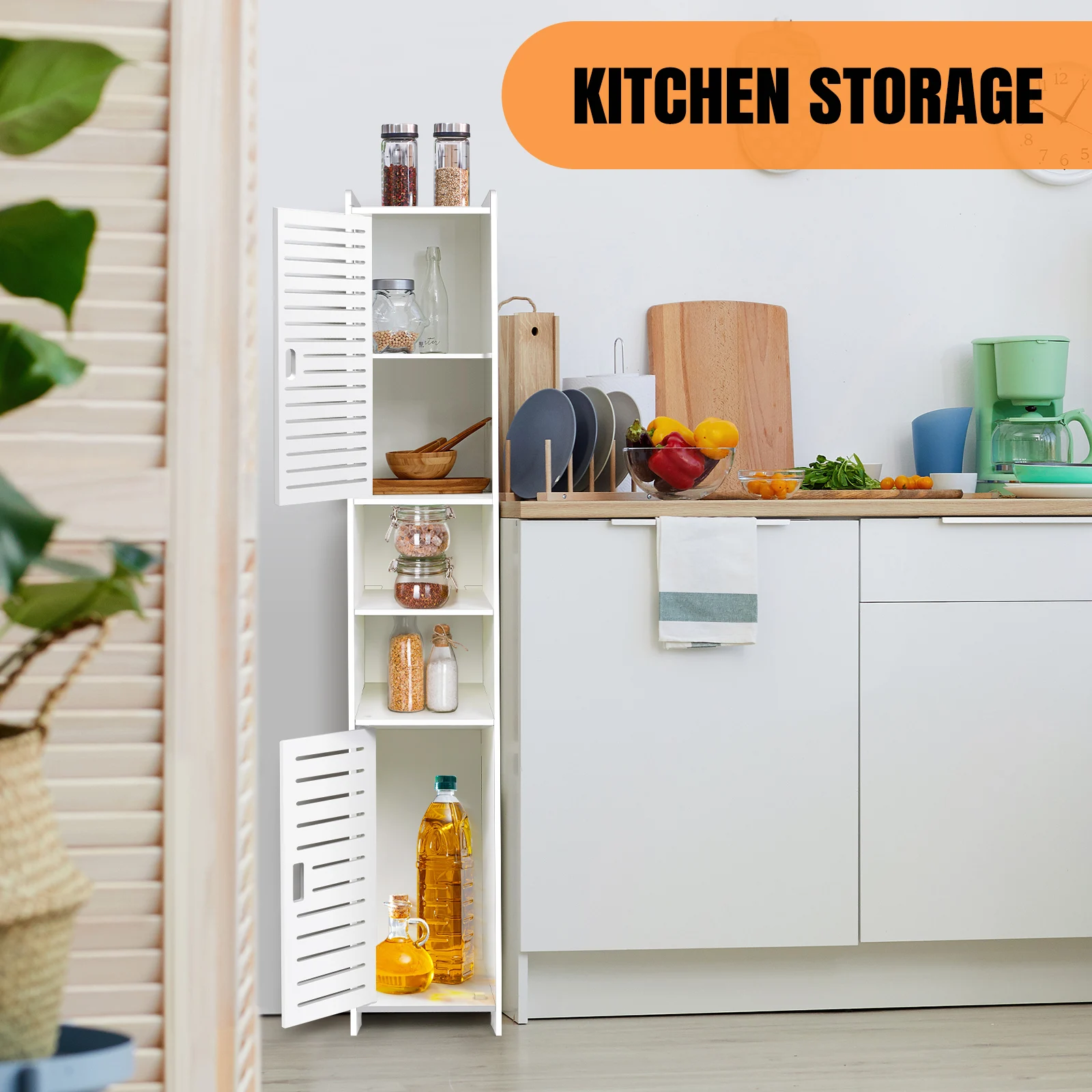 BRIEFNESS 5-Tier Tall Bathroom Cabinet Storage Cupboard PVC Floor Standing Tallboy Unit,Free Standing Slim Bathroom Storage Unit