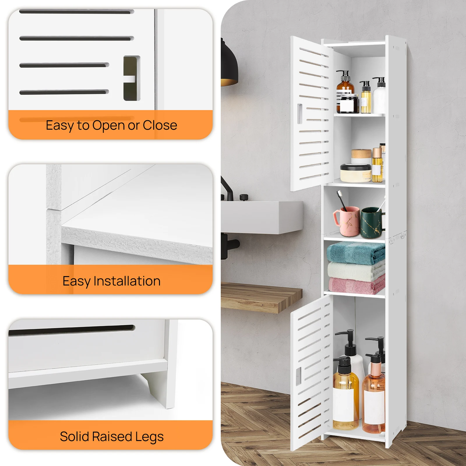 BRIEFNESS 5-Tier Tall Bathroom Cabinet Storage Cupboard PVC Floor Standing Tallboy Unit,Free Standing Slim Bathroom Storage Unit