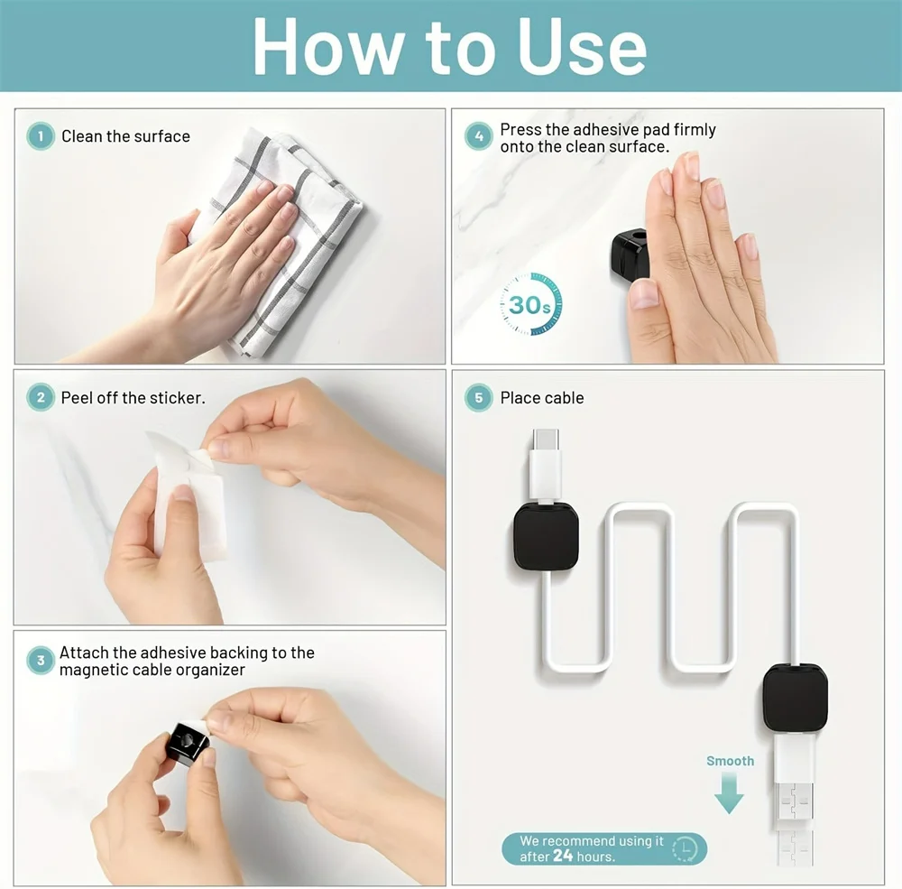 1/3/6 PCS Cable Management Magnetic Cable Organizer Wire Keeper Wall Data Cable Clips Winder Adjustable Cord Holder Under Desk