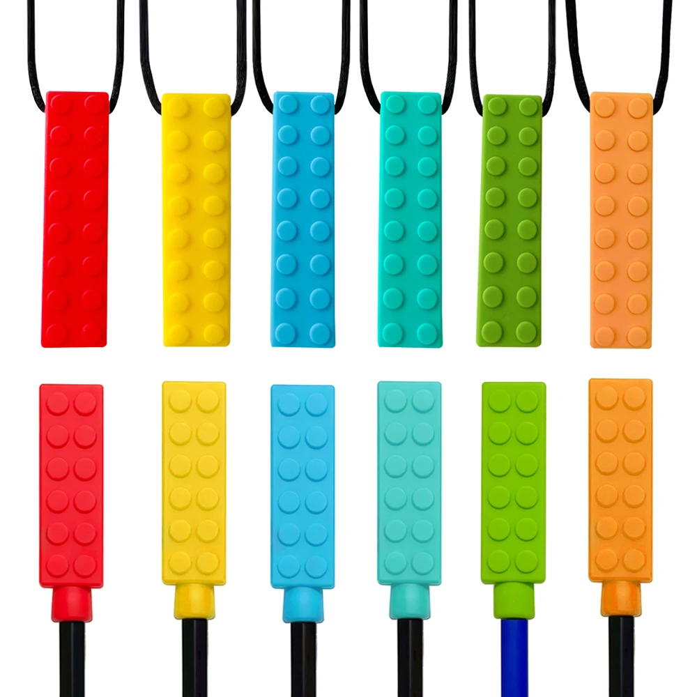 1/6pcs Building Block Sensory Chew Necklace Brick Chewy Kids Silicone Pencil Topper Teether Toy Silicone Teether for Children