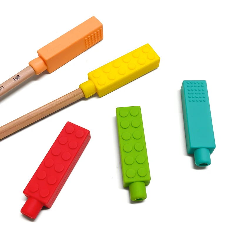 1/6pcs Building Block Sensory Chew Necklace Brick Chewy Kids Silicone Pencil Topper Teether Toy Silicone Teether for Children