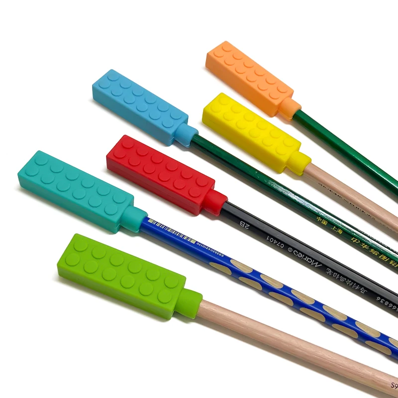1/6pcs Building Block Sensory Chew Necklace Brick Chewy Kids Silicone Pencil Topper Teether Toy Silicone Teether for Children
