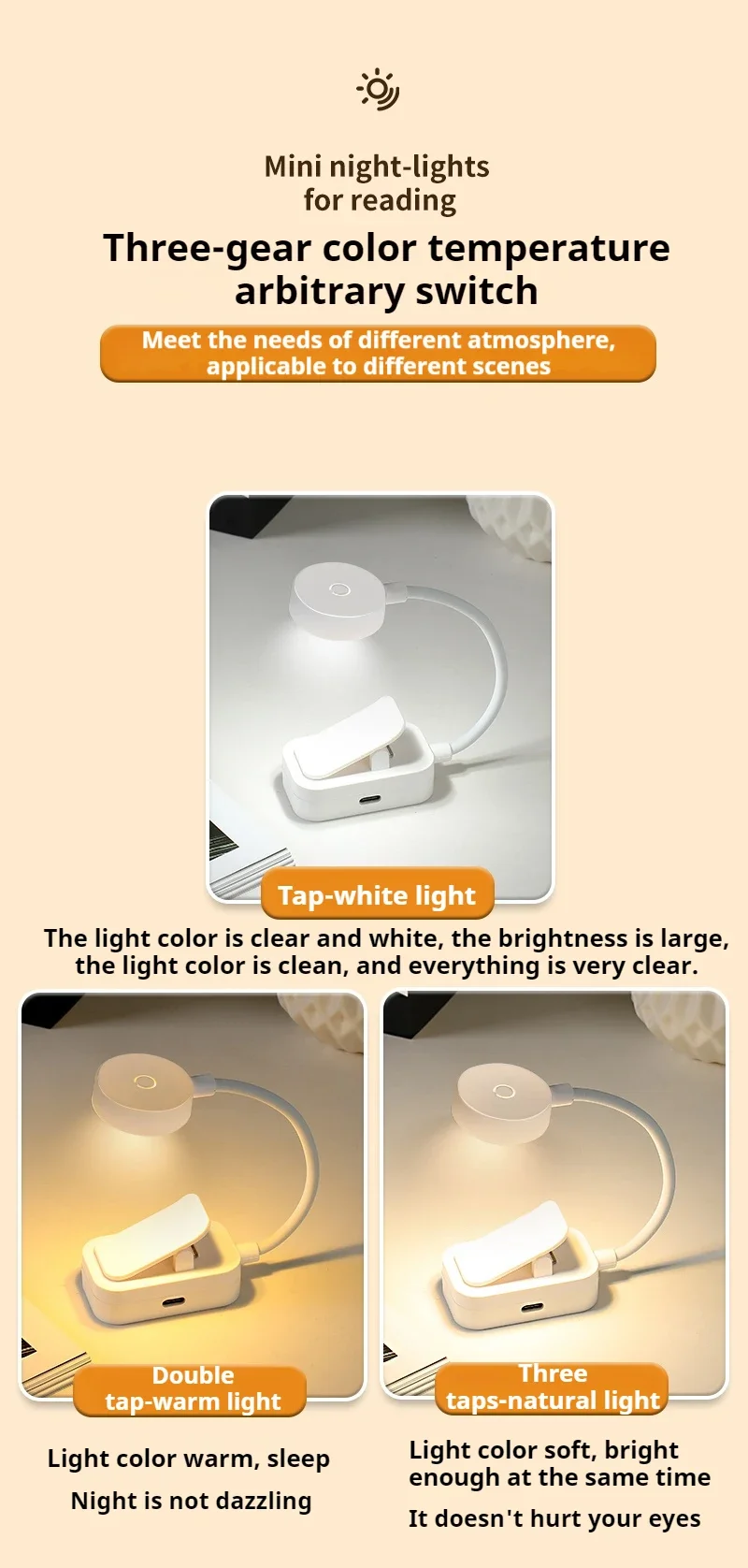 1pc Portable LED Clip-on Reading Light 3 Modes Adjustable Eye Protection Clip-On Study Reading Lamp for Travel Bedroom Book
