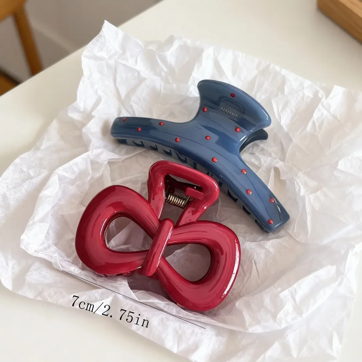 2Pcs/Set Vintage Blue Polka Dot Red Bow Hair Clip Shark Claw Clamp Hairpin Barrette Korean Hair Headwear Accessory for Women
